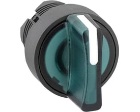 Schneider Electric Harmony drejegreb i plast med grøn lysfunktion og 3 faste positioner, viser den sorte bagside og den grønne grebsdetalje.