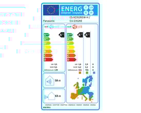 Energimærke for Panasonic CS-XZ35ZKEW-H luft/luft varmepumpe med SEER 9,5 og SCOP 2,9 samt lydniveau 58/63 dB.