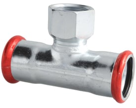 Unico forzinket T-stykke til 18mm rør med 1/2" indvendigt gevind og to presmuffer med rød O-ring.