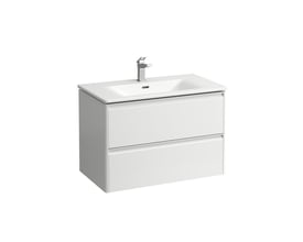 Laufen Palace møbelpakke i hvid højglans med en integreret hvid håndvask og en blank krom vandhane på hvid baggrund.