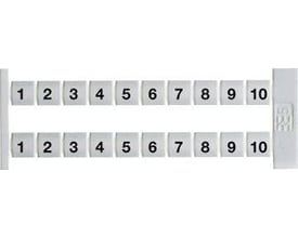 Weidmüller Dekafix mærker type FWZ, hvide 5mm brede med sort tryk, viser numrene 1-10 på to rækker, fra serie 41-50.