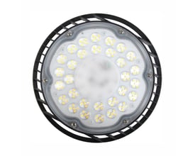 SpectrumLED LED-high bay på 105 W set forfra med rund, sort kant, lysdioder og central linse.
