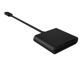 Sidelayout af sort ICY Box Type-C USB 3.0 Multi Card Reader, der viser alle kortpladser og Type-C stikket.