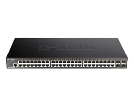 Sort D-Link DGS-1250-52X/E smart managed switch set skråt forfra med 48 netværksporte og fire SFP+-porte.