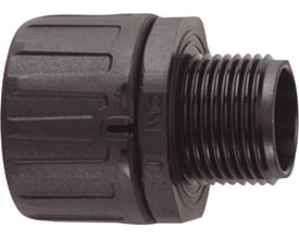 HellermannTyton PA66 forskruning med M12 gevind og 11mm kabeldiameter, sort, viser den lige ende med gevind og låsering.