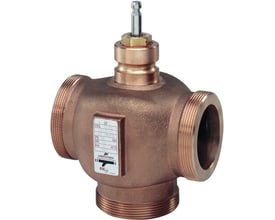 Siemens VXG41.25 3-vejs ventil i bronze med udvendigt gevind, PN16, DN25 og kvs 10, vist på hvid baggrund.
