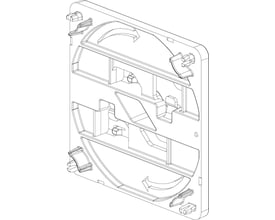 Legrand dåsebeslag i grå plast til IBP dåser og gitterbakker, 105x105mm, set skråt forfra.