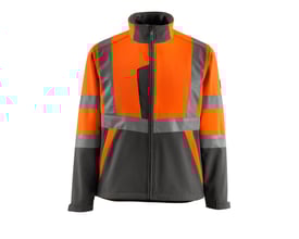 Mascot Softshell Hi-Viz jakke i str. 2XL, kombinerer orange og mørk antracit med reflekterende detaljer.