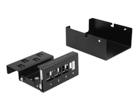 DeLock 4-port Keystone patch panel adskilt fra DIN-skinne monteringsbeslaget, begge i sort metal.