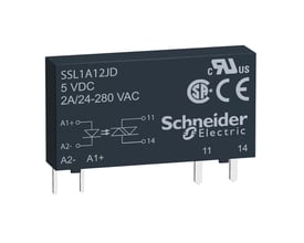 Schneider Electric Zelio Slim solid state relæ, SSL1A12JD, 5 VDC styring og 2-280 VAC belastning, med symboler og godkendelsesmærker.