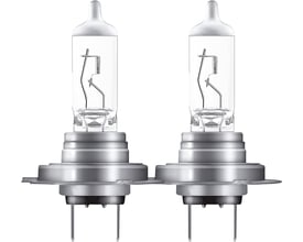 OSRAM Night Breaker Silver H7 forlygtepærer med PX26d sokkel, 12V, 55W, der viser to pærer på en hvid baggrund.