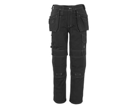 Detaljeret frontvisning af sorte Mascot Atlanta arbejdsbukser, der fremhæver CORDURA®-forstærkede knælommer og flere multifunktionelle lommer.