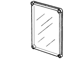 Teknisk tegning af Fibox EKO80-T transparent låg, der viser det firkantede design med afrundede hjørner og monteringshuller.