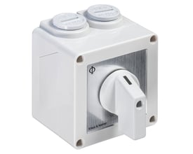 Kraus & Naimer stjerne-trekant omskifter, 20A, IP65 kapslet med hvidt drejehåndtag og symbol på børstet metalplade.