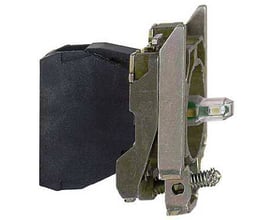 Schneider Electric universal LED blink lampekrop til 120 VAC, vist fra siden med metalmontering og sort bagside.