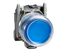 Schneider Electric Harmony XB4 blå oplyst trykknap med 22mm montagediameter og 24VACDC spænding.