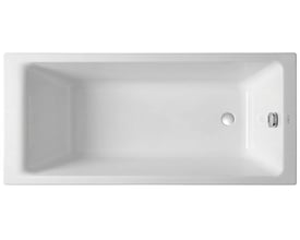 Hvidt, rektangulært COBA indbygningsbadekar på 160 x 70 cm set ovenfra med afløb og overløb.
