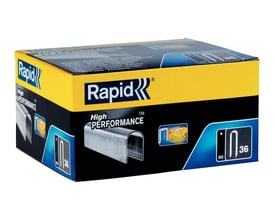 Tæt på pakken med Rapid hæfteklammer, der viser 'High PERFORMANCE' mærkatet og en illustrativ visning af 12mm 36/12 hæfteklammer.