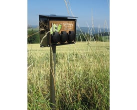 Spelsberg cykelladestation TG BCS 3 med tre sorte schuko udtag monteret på en græsmark. Stationen har logo og teksten 'Guten Appetit!'.