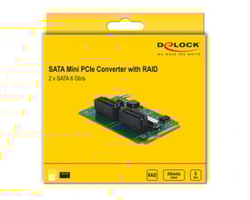 DeLock SATA Mini PCIe konverter med RAID og 2 x SATA 6 Gb/s porte i gul emballage.