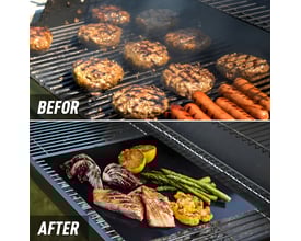 Før og efter-billeder der viser Nordic Quality drypbakke til ovn beskytte grillristen mod spild fra madlavning.