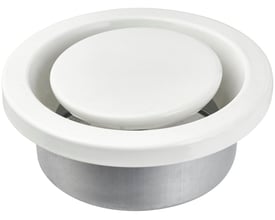 Hvid fraluftsventil AVE med en diameter på 125 mm, udført i SPCC stål med hvid RAL9016 pulverlakering og tætningsramme.