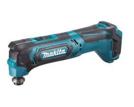 Makita TM30DZ akku-multicutter på 10,8 V i turkis og sort, set skråt fra siden uden batteri.