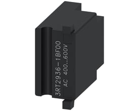 Siemens overspændingsdæmper varistor med mærkning '3RT2936-1BF00 AC 400...600V' på en mørk baggrund.