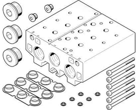 Festo tilslutningsblok VABM-B10-30E-G34-10 med monteringsdele, herunder skruer, pakninger og stik, vist i teknisk tegning.