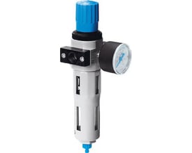 Festo LFR-1/4-D-MINI-A filter regulator i grå og sort med blå knap og manometer, isoleret på hvid baggrund.