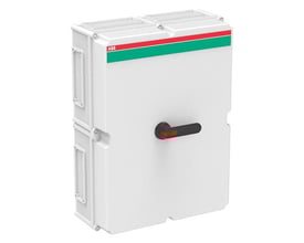 ABB 400A 3-polet sikkerhedsafbryder i hvid plast med sort pistolgreb på en neutral baggrund.