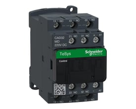 Schneider Electric TeSys D hjælperelæ (CAD32 MD, 220V DC) med 3 NO og 2 NC kontakter, set fra en let vinkel, der fremhæver terminalerne og den grønne TeSys Control-indikator.