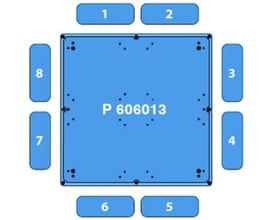 Teknisk tegning af Fibox kassebund i polyester, 600 x 600 x 130 mm, med markerede hulplaceringer og nummererede sider.