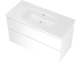 Sanibell Proline møbelsæt i hvid højglans med to softclose skuffer, 101x46cm, med integreret vask og synligt overløb.