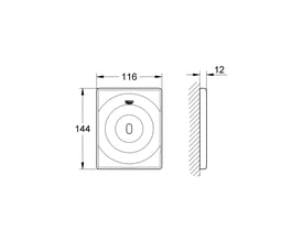 Teknisk tegning af Grohe Tectron Surf urinal armatur med dimensioner: 116mm bredde, 144mm højde og 12mm dybde.
