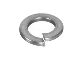 Fjederskive DIN 127B i syrefast A4 til M10-bolt, set skråt med den åbne, spiralformede ring tydelig.