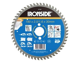 Ironside rundsavklinge til aluminium med 54 tænder, vist forfra med blå og sort produktmærkat.