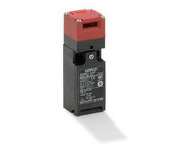 Omron D4NS-4AF lågendestop isoleret mod hvid baggrund, viser røde og sorte plastdetaljer.