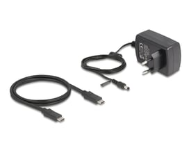 USB-C-kabel og strømforsyning til DeLock-dockingstationen til to SATA-harddiske eller SSD’er.