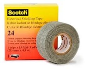 Scotch 24 fortinnet kobbernet tape til elektrisk afskærmning, 25 mm bred og 4,5 meter lang, præsenteret på en rulle ved siden af sin gule og orange æske.