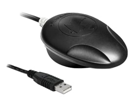 Sort DeLock Navilock NL-8012U multi-GNSS-modtager med kabel og USB-A-stik, set skråt ovenfra.