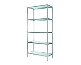 Raaco værkstedsreol i galvaniseret stål, 340x920x2000 mm, med 5 hylder vist fra en let skrå vinkel.