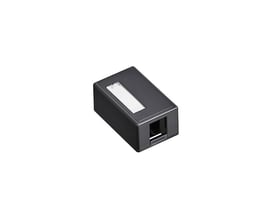 Sort Leviton Office box til én Keystone-konnektor, set skråt forfra med åbning til port og vindue til label.