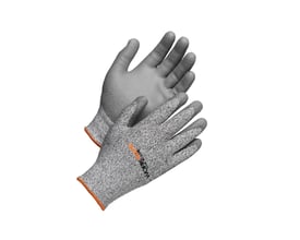 Et par grå beskyttelseshandsker med Cut 5-certificering i størrelse 9, vist med en orange kant.