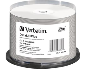 Verbatim CD-R 52x med 700 MB kapacitet på spindel med hvide, termisk printbare skiver.