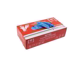 PrimeSource blå nitril engangshandsker, pudderfri, størrelse M, 100 stk. i æske, med et par handsker synlige i åbningen.