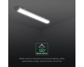 V-TAC komplet LED-armatur på 150 cm og 48 W monteret i loftet med grafik, der viser en spredningsvinkel på 120°.