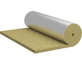 Rockwool Prolit Lamella Mat isoleringsmåtte delvist rullet ud, viser stenuldsmaterialet og den armerede alufolieoverflade.