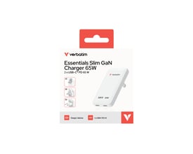 Verbatim Essentials Slim GaN-vægoplader på 65 W i hvid med to USB-C-porte og stiktyper til US, EU og UK.