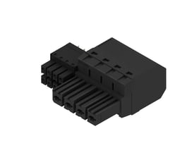 Weidmüller sort, 4-polet hybridstik til PCB med PUSH IN-tilslutning og aktuator, set skråt forfra.